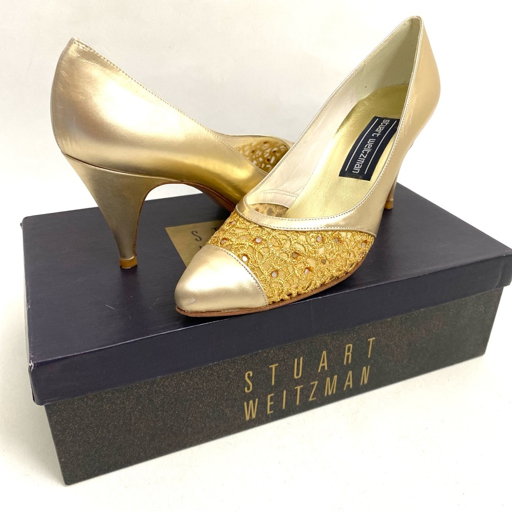 Vtg Stuart Weitzman Gold Leather Pumps Heels Size 7.5 Embellished Womens Shoes